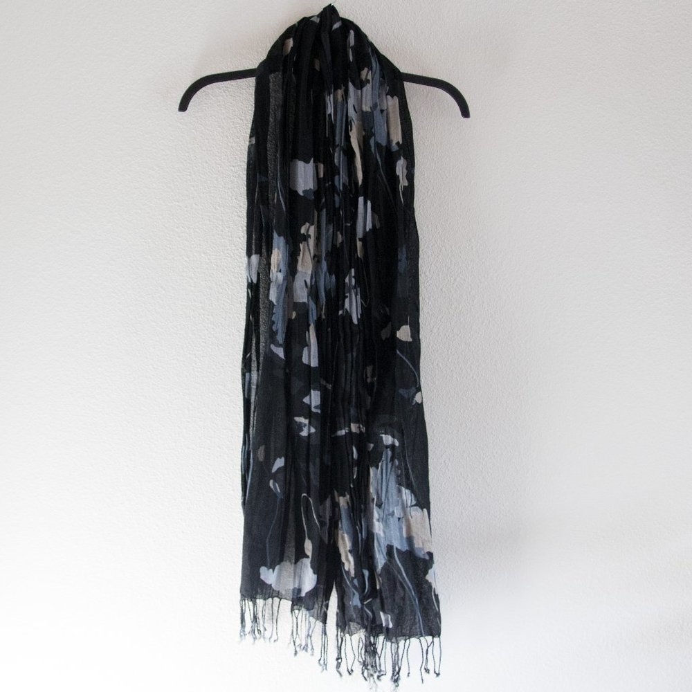Old Navy Black Floral Gauzy Tassel Scarf